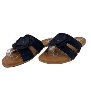 Mariella Women's 8.5 Blue Leather Flat Sandals Shoe Flower Made Italy Flip‎ Flop